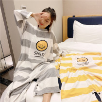 Sweet Conjoined Sleeping Dress Woman Spring Autumn Pure Cotton Laughs Face With Slim Striped Pyjamas Big Code Fat mm200 Catty