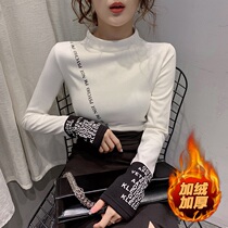 Europe station autumn and winter new velvet thickened semi-turtleneck base shirt womens slim wild Western style top long-sleeved t-shirt