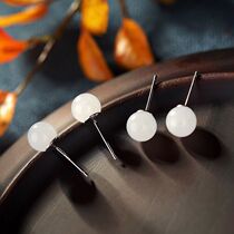 925 Silver inlaid and Tian Yuqing white jade ball bar are simple and fresh anti - allergic small ear - nail ear decoration