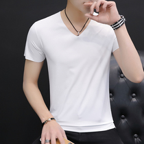 Summer ice silk short-sleeved t-shirt mens v-neck Korean version of slim thin section pure white simple all-match trend mulberry silk T-shirt