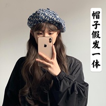 Hat wig integrated long curly hair plaid beret female autumn winter literary fashion painter hat full head cover