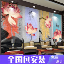 New Chinese Zen ink lotus wallpaper living room bedroom TV background wallpaper Chinese style hand-painted quadruple mural