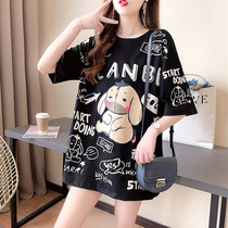 Cartoon print black short-sleeved T-shirt ladies loose Korean version Joker slim fashion long clothes ins tide