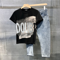 Half sleeve printed slim short sleeve T-shirt men's summer Korean version of personality fashion ins tide brand Joker cotton pattern T-shirt