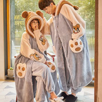Coral velvet couple pajamas winter thickened plus velvet cute Korean student flannel autumn and winter mens and womens robes set