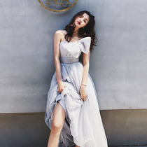 Ye Xiaoxian banquet host evening dress shoulder cigarette gray Korean bridesmaid dress long sister dress