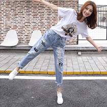 Korea counter 2021 new casual nine-point hole print jeans set women T-shirt fashion two-piece summer