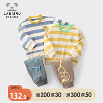 Rabbi Tree Children Striped T-shirt Suit 2022 Spring Dress New Baby Handsome Jacket Casual Pants Two Sets Tide