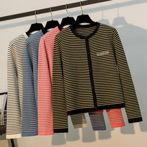 Knitted cardigan female spring and autumn loose long sleeve shawl outside with foreign stripes round neck soft waxy sweater coat thick