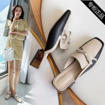 Counter brand spring and summer square head slippers color pattern thick heel low heel outdoor leather bow bag head womens shoes