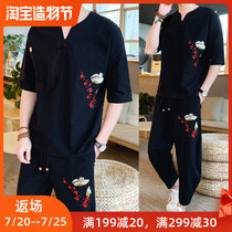 Chinese style suit mens linen short sleeve T-shirt mens cotton linen half sleeve butterfly embroidery st large size loose Hanfu summer