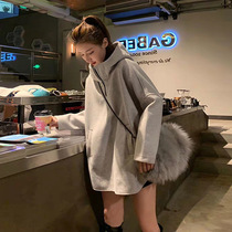 Plus velvet hooded sweater womens autumn and winter 2021 new long casual shoulder loose fashion wild coat