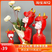 Year of the Ox moved to a new home living room wine cabinet ornaments Nordic light luxury creative decoration porch desktop bubble girl flowers
