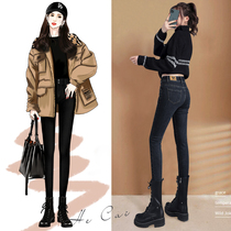 Plus velvet jeans womens tight feet high waist thin black pants autumn and winter 2021 New slim pencil pants