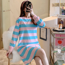 Pure cotton night dress womens long-sleeved sweet spring and autumn thin striped spring and summer womens pajamas casual cute home clothes