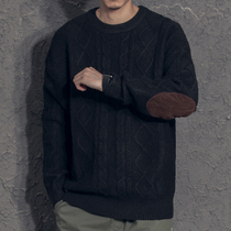 Winter lazy wind round neck loose patch knitted sweater mens autumn and winter thickened Korean trend personality winter thread coat