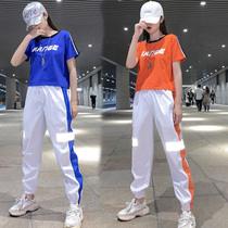 Ghost step dance sports suit short sleeve reflective pants summer loose drag dance square dance leisure sports fitness two-piece female