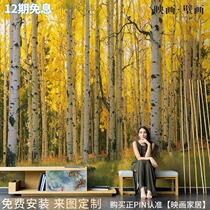 Nordic Hand Painted Oil Painting White Birch Forest Landscape Meritless Living Room TV Background Wall Paper Seamless Sofa Wallpaper Wall Canvas