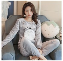 Sweet Korean version of large size adult pajamas Womens spring and autumn thickened coral velvet fleece flannel winter suit 