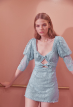 For Love 2019 Spring and Summer new romantic sky blue flower lace hollow mini dress