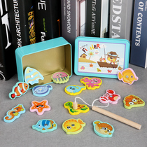 Baby magnetic fishing toy 2345 years old children wooden iron box double pole fun fishing game puzzle early education