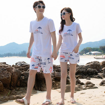 Quick-drying beach pants mens and womens shorts short-sleeved can go into the water park seaside vacation couples suit five-point swimming trunks