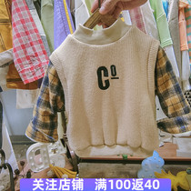 Children plus velvet vests autumn and winter clothes foreign-style baby splicing knitted Plaid Korean boy thickened children fake two pieces