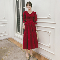 Wine red toast bride 2021 New engagement dress dress female banquet temperament fashion v collar long