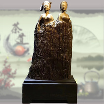 Beautiful figure ornaments root carving stunning double carving ebony dark wood hotel club opening gift collection