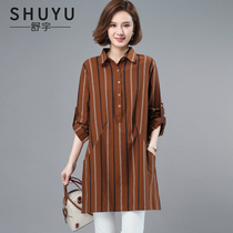 Cotton linen striped shirt womens long sleeve 2021 Autumn New Korean casual loose slim long pullover shirt