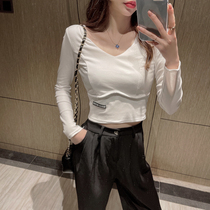 V collar pure cotton long sleeve T-shirt woman 2022 spring autumn repairing body with collarbone machine beating undershirt with high waist and open navel short