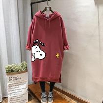 Medium long section with cap cartoon sweatshirt lady gush thicken 2022 spring new Korean version loose one-piece dress blouse