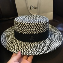 Japan high-end custom star with double M letter plaid woven flat top straw hat beach travel topper summer