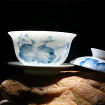 Hand-painted Lotus Cover bowl tea cup Jingdezhen blue and white porcelain tea bowl large three Cup ceramic kung fu tea set