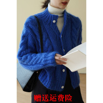 Coarse needle high-quality short round neck top autumn and winter new sweater long-sleeved twist cardigan womens jacket lazy wind