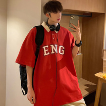 Wine Red Short Sleeve Woman Loose Korea Version Tide Oversize Original Design Tide Card T-Shirt Polo Collar Blouses Summer