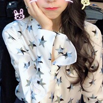 Hong Kong star with the same shirt womens 2021 spring summer new five-pointed star printing white chiffon shirt long sleeve shirt thin
