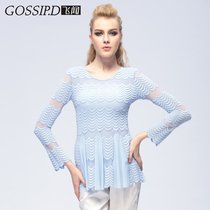 European station spring and autumn womens slim long sleeve round neck ruffle edge stitching mesh lace shirt bottoming coat foreign style small shirt