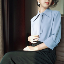  JACOOBS shirt female design sense niche tie collar section blue shirt retro Hong Kong flavor college style