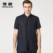 Chinese style linen short sleeve shirt mens retro collar Chinese ethnic Tang suit shirt casual cotton linen inch mens clothing