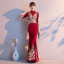 Toast service wine red cheongsam atmosphere fishtail slim Chinese Bride wedding evening dress dress female temperament Chinese style