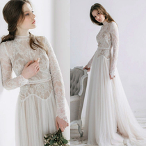 New lace elegant long-sleeved retro stand-up collar bride lawn beach light wedding dress Fairy forest travel wedding dress