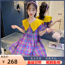 Girls summer short sleeve one-piece dress 2022 new Korean version CUHK child turned collar doll skirt green ocean gas skirt