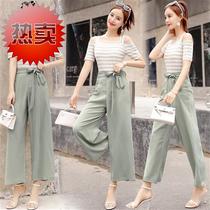 Four seasons off code 2020 summer new Korean edition short-sleeved open R shoulder striped top wide leg pants suit 18107