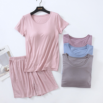 Modal cotton with chest pad three-cut pants pajamas ladies summer thin bra-free short-sleeved shorts home suit