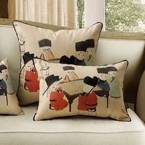 Asian cotton linen fabric sofa pillow office cushion pillow car waist pillow with core New Chinese cartoon ancient characters