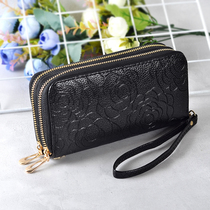 Embossed double zipper double-layer Korean wrist wallet bag ladies long money clip large capacity hand-held mobile phone bag