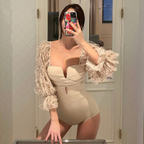 Han one-piece swimsuit Womens Small breasts gather conservative thin belly cover sexy long sleeve lace Super fairy ins hot spring swimsuit