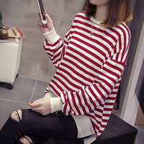 Striped long-sleeved T-shirt womens 2021 early spring new fat plus size womens clothing 200 pounds fat MM loose thin top