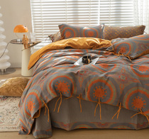 Pure cotton double layer yarn four pieces unprinted color weave washed up with large jacquard retro style high-end bed goods gauze four pieces